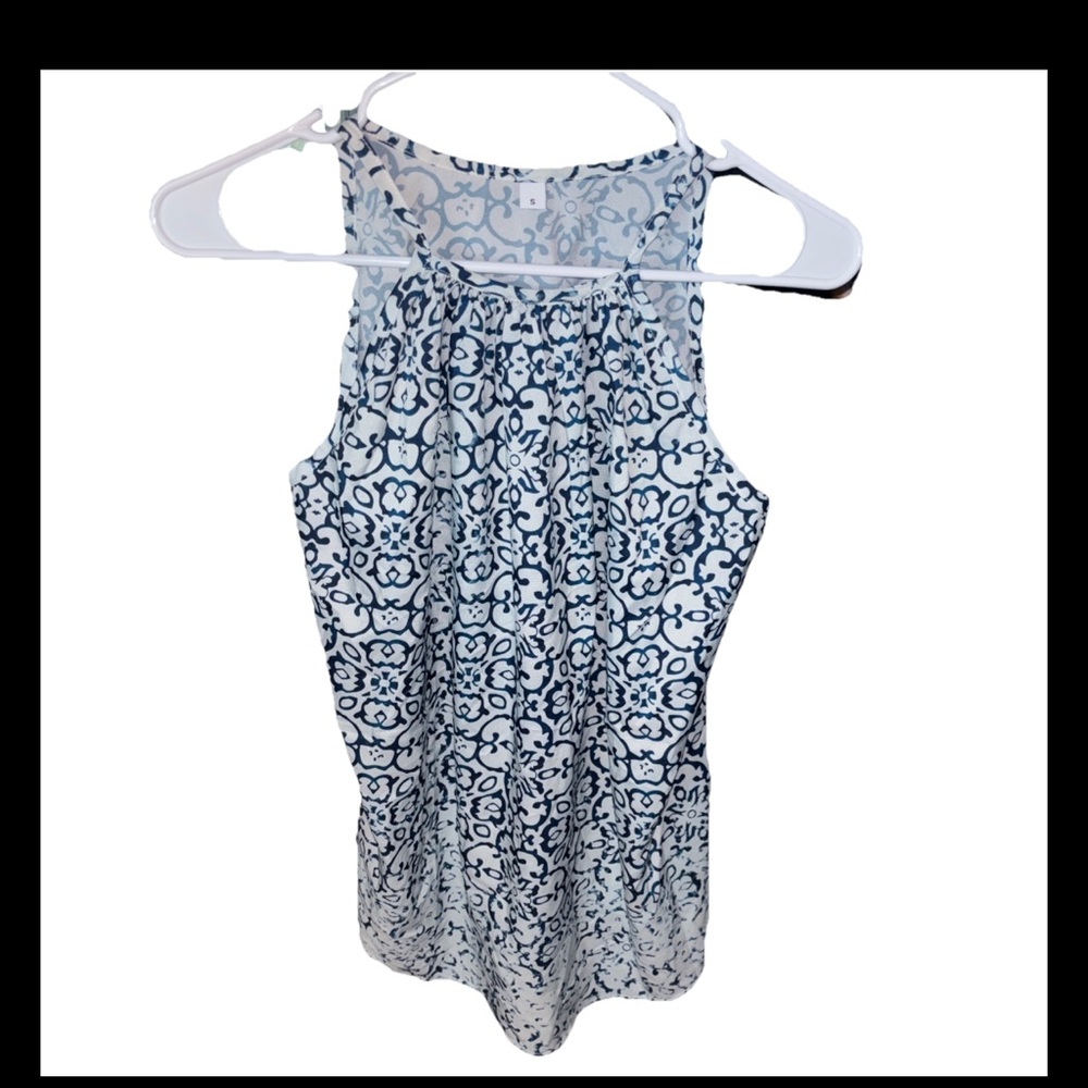 navy and white floral scroll pattern sleeveless tank top lightweight fabric